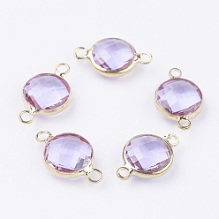 Алиса Синий Золотистые латунные стеклянные соединители, граненые, плоско-круглые, Алиса Блю, 16x10.5x4 мм, отверстие : 1.5 мм