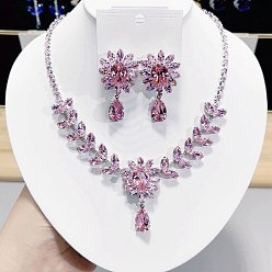 Платина Комплекты серег и ожерелий с подвесками из латуни с микропаве из кубического циркония, слеза и конский глаз, платина, ожерелья: 15.75 дюйм(400мм); серьги: 50мм