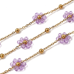 Лиловый 304 из нержавеющей стали цепи связи цветок, со стеклом, стойки покрытие, долговечный, ионное покрытие (ip), реальный 18 k позолоченный, пайки, с катушкой, сирень, 2x1.5x0.4 mm и 7.5x9.5x3 mm