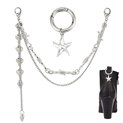 Античный Серебристый & Платиновый 4 шт. 2 стили железная панцирная цепь с звеньями из сплава с узловыми звеньями цепи с ремешком для обуви, с подвесками в виде сердца и морской звезды и кольцами-пружинками, старинное серебро и платина, 52~212 мм