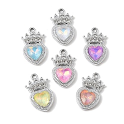 Platinum UV Plating Alloy Glass Pendants, Heart with Crown Charm, with Rhinestone, Faceted, Mixed Color, Platinum, 23.5x13.5x4.5mm, Hole: 1.8mm