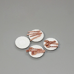 Rose Gold Miniature Ceramic Plate and Alloy Western Tableware, Doll House Miniature Toy Model, Rose Gold, 23x4mm