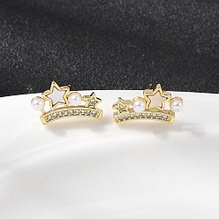 Настоящее золото 18K Серьги-гвоздики с короной из латунных микропаве из прозрачных кубических цирконий, с натуральной ракушкой и искусственным жемчугом из АБС-пластика, без кадмия и без свинца, стойки покрытие, долговечный, реальный 18 k позолоченный, 16x10 мм