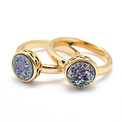 Разноцветный Гальванизированный естественный druzy агат кристалл палец кольца, с латунной фурнитурой , без свинца и без кадмия, долговечный, плоско-круглые, Размер 7, реальный 18 k позолоченный, красочный, 17 мм