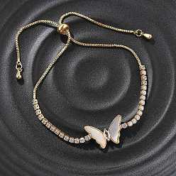 Настоящее золото 18K Регулируемые браслеты-слайдеры из латунных ракушек, Боло браслеты, с фианитом и цепочками, бабочка, стойки покрытие, долговечный, без кадмия и без свинца, реальный 18 k позолоченный, внутренний диаметр: 2~2-3/4 дюйм (5~7 см)