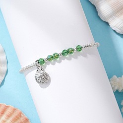 Зеленый лайм Плетеные браслеты из стеклянных бусин, сплав браслеты с подвесками в форме ракушки, со стеклянными бусинами, зеленый лайм, внутренний диаметр: 2 ~3-1/8 дюйм (5.15~8 см)