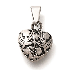 Античное Серебро 304 подвески из нержавеющей стали, сердце с цветочным шармом, античное серебро, 16.5x13.5x6 мм, отверстие : 7x3.5 мм