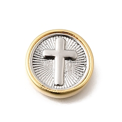 Cross Двухцветные латунные бусины, реальный 18 k позолоченный, плоско-круглые, крестик, 15x4.5 мм, отверстие : 1.2 мм