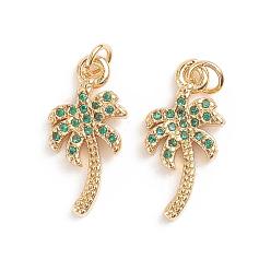Golden Brass Micro Pave Cubic Zirconia Pendants, with Jump Ring, Cadmium Free & Lead Free, Long-Lasting Plated, Coconut Tree, Green, Golden, 16.5x10x2mm, Hole: 2.5mm
