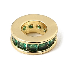 Green Brass Pave Cubic Zirconia European Beads, Flat Round, Large Hole Beads, Rack Plating, Long-Lasting Plated, Lead Free & Cadmium Free, Real 18K Gold Plated, Green, 9x3.3mm, Hole: 4.6mm