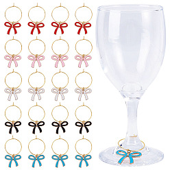 Mixed Color 20Pcs 5 Colors Brass Wine Glass Charms, Bowknot, with Alloy Enamel Charms, Mixed Color, 50mm, 4pcs/color