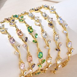 Color mezclado Pulseras de eslabones de flores de latón y cristal, chapado en rack, larga duración plateado, sin plomo y el cadmio, real 18 k chapado en oro, color mezclado, 8.11 pulgada (20.6 cm)