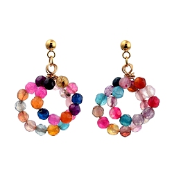 Natural Agate Natural Agate Beads Stud Earrings, with 304 Stainless Steel Stud Earring Findings and Ear Nuts, Ring, Golden, 35x21x7.5mm, Pin: 0.8mm