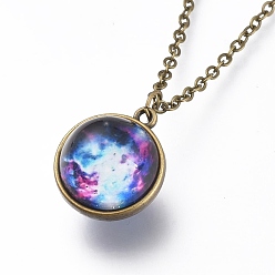 Planet Ожерелье из стекла, с тросовыми цепями из сплава и застежками-клешнями, без кадмия и без свинца, круглые, узор галактики, 20.07 дюйм (51 см), подвески: 21x18x17 мм