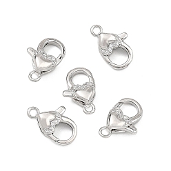 Platinum SHEGRACE Brass Micro Pave Clear Cubic Zirconia Lobster Claw Clasps, Heart, Lead Free & Cadmium Free & Nickel Free, Platinum, 16x10x6mm, Hole: 2mm