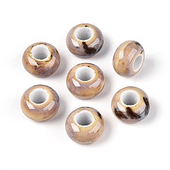 Цвет Древесины Фарфоровые бусины ручной работы, фантазии античного стекла фарфора, бусины с большим отверстием, рондель, деревесиные, 15x8 мм, отверстие : 6 мм
