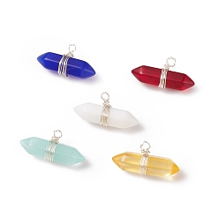 Silver Glass Pendants, with Silver Tone Copper Wire Wrapped, Bullet, Silver, 11x23x7mm, Hole: 1.6mm