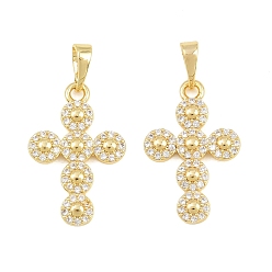 Chapado en Oro Real de 16K Latón micro pavimenta claro colgantes de circonio cúbico, Cruz con dijes redondos, real 16 k chapado en oro, 22.5x14.5x2.5 mm, agujero: 3.5x5.5 mm