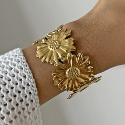 Цветок 304 из нержавеющей стали манжеты браслеты, широкие браслеты для женщин, реальный 18 k позолоченный, подсолнечник, внутренний диаметр: 2-3/8 дюйм (6 см)