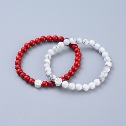 Mixed Stone Feng Shui Natural Howlite & Synthetic Grass Coral Beaded Stretch Bracelets, with 925 Sterling Silver Beads and Jewelry Box, Flat Round with Yin Yang, 2-1/8 inch(55mm), 2pcs/set