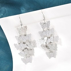 Бабочка Латунь болтаться серьги, серьги с железными крючками, платина, бабочка, 69x29 мм