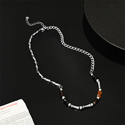 Нержавеющая Сталь Цвет Мужские цепочки из нержавеющей стали с бусинами из натурального агата в форме бамбука, цвет нержавеющей стали, 17.72 дюйм (45 см)