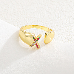 Letter X Браслет-манжета из латуни с микропаве и цветными кубическими циркониями, открытые кольца., буквы, золотые, Письмо X, 15~20 мм