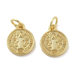Настоящее золото 18K Латунь прелести, плоские круглые с святым Бенедиктом, без свинца и без кадмия, долговечный, стойки покрытие, с целью перехода в кольце, реальный 18 k позолоченный, 12.5x10x1.5 мм, отверстие : 3 мм