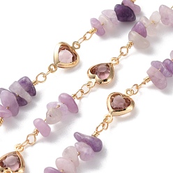 Аметист Квадратные звенья латунных стеклянных цепей ручной работы, с натуральным аметистовым чипом для изготовления ожерелий и браслетов, долговечный, пайки, с катушкой, золотые, 20x4~6.5x3~5 мм, около 16.40 футов (5 м) / рулон