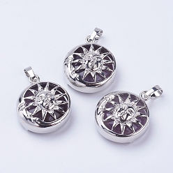 Аметист Подвески из натурального аметиста , с латунной фурнитурой , плоские круглые с солнцем, платина, 28x24x9~10 мм, отверстие : 5x7 мм