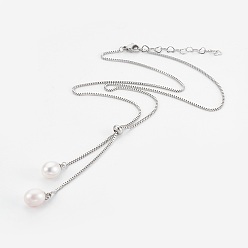 Stainless Steel Color Adjustable 304 Stainless Steel Lariat Necklaces, Slider Necklaces, with Shell Pearl and Cardboard Jewelry Box, Stainless Steel Color, 20 inch(51.2cm)