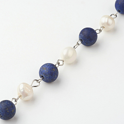 Lapis Lazuli Handmade Chains for Necklaces Bracelets Making, with Lapis Lazuli, Freshwater Pearl Beads and 304 Stainless Steel Eye Pin, Unwelded, 39.37 inch(1m)