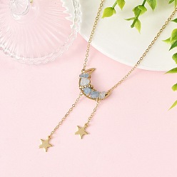 Aquamarine Natural Aquamarine Chip Beads Moon Pendant Brass Cable Chain Necklaces for Women, Golden, 17.32 inch(44cm)