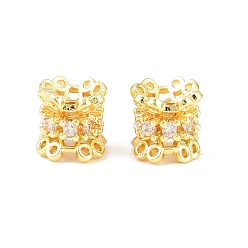 Real 18K Gold Plated Brass Micro Pave Clear Cubic Zirconia Beads, Column with Flower, Rack Plating, Long-Lasting Plated, Lead Free & Cadmium Free, Real 18K Gold Plated, 7x7mm, Hole: 2mm