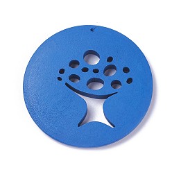 Blue Wood Big Pendants, Flat Round with Tree, Dyed, Blue, 49.5~50.5x4.5~5mm, Hole: 1.5mm