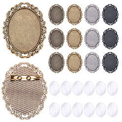 Mixed Color DIY Oval Brooch Making Kits, including 12Pcs Alloy Brooch Cabochons Settings, 12Pcs Glass Cabochons, Mixed Color, 51x39.5~40x2mm, Pin: 0.8mm, 4 colors, 3pcs/color, 12pcs