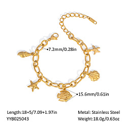 Настоящее золото 18K Стильные браслеты с подвесками из нержавеющей стали в виде океана, Браслеты из овальных звеньев цепи для женщин, морская звезда и форма ракушки и рыба, реальный 18 k позолоченный, 7-1/8 дюйм (18 см)