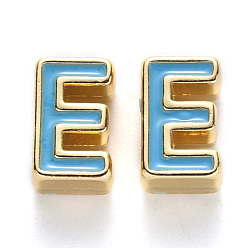 Letter E Rack Plating Alloy Enamel Beads, Cadmium Free & Nickel Free & Lead Free, Light Gold, Sky Blue, Letter.E, E: 10x6x4.5mm, Hole: 1.6mm