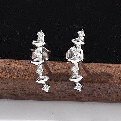 Платина 925 серьги-гвоздики из стерлингового серебра с прозрачным кубическим цирконием, ромб, слева и справа, платина, 17x5 мм