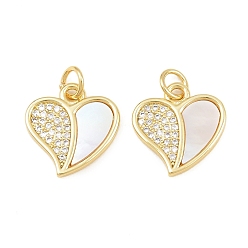 Plaqué 16K Or Véritable Breloques en laiton serties de micro-pavés de zircon cubique transparent et de coquillages blancs, charmes de coeur, réel 16 k plaqué or, 15x14x2mm, Trou: 3mm