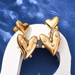 Золотой 304 серьги-гвоздики в форме сердца из нержавеющей стали, с пластиковой имитационной жемчужиной, золотые, 29x15.5 мм