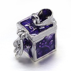 Indigo Cube with Flower Pattern Rack Plating Brass Enamel Prayer Box Pendants, Wish Box, Indigo, 16x10x17mm, Hole: 5x3mm