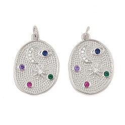 Платинированный Латунные микро проложить кубического циркония подвески, без кадмия, без никеля и без свинца, с целью перехода в кольце, овал с подвесками в виде луны и звезд, Реальная платина, 22.5x16x2 мм, отверстие : 3 мм