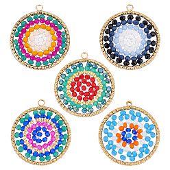 Mixed Color 5Pcs 5 Colors 304 Stainless Steel Pendants, with Glass Beads, Flat Round, Mixed Color, 32~32.5x29.5x2.5~3mm, Hole: 2mm, 1pc/color