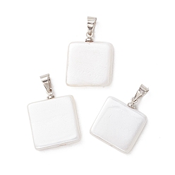 Платина Оболочки жемчужина подвески, Квадратные подвески с латунными защелками., белые, платина, 18x15x3 мм, отверстие : 5x4 мм
