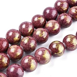 Коричневый Природный нефрит машан бусины нитки, золотой фольгой, окрашенные, круглая с золотым мерцанием, коричневые, 12 мм, отверстие : 1 мм, около 33 шт / нитка, 15.75 дюйм (40 см).