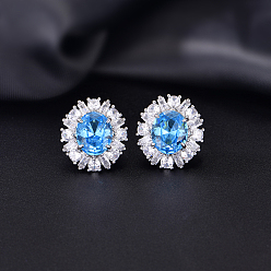 Cielo Azul Oscuro Aretes de latón con micro pavé de zirconia cúbica para mujer, oval, Platino, cielo azul profundo, 21x19 mm