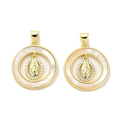 Real 18K Gold Plated Brass Micro Pave Clear Cubic Zirconia Pendants, with Shell, Flat Round, Cadmium Free & Lead Free, Real 18K Gold Plated, 24x21x2.5mm, Hole: 4.5x3.5mm
