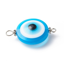 Platinum Transparent Evil Eye Resin Connector Charms, with Alloy Spacer Beads and Iron Double Loops, Mixed Color, Flat Round, Platinum, 32x20~20.5x9~9.5mm, Hole: 1.8mm and 3.5mm