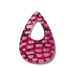 Cerise Printed Acrylic Pendants, Teardrop with Flower, Cerise, 43x27x2mm, Hole: 1.6mm